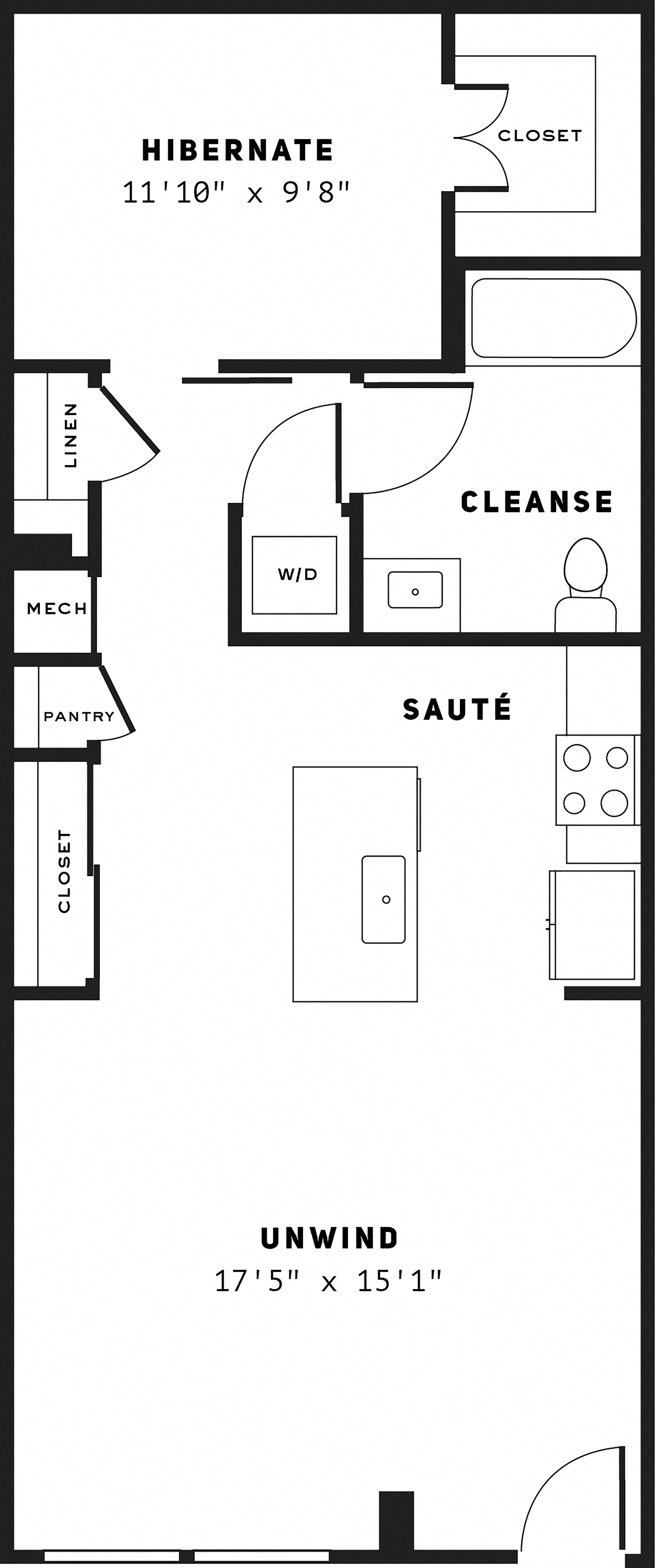 Floor plan for 1 bed, 1 bath, 801 sqft